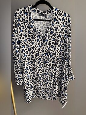 ASOS NWT Design Blue Black Leopard Print Button Blouse EU 48 US 16 Chic Luxe